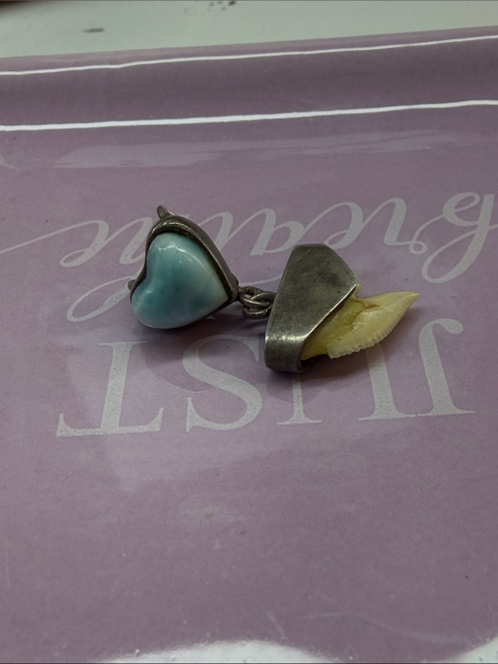 Sterling Heart Larimar with shark tooth authentic rare! Pendant for necklace